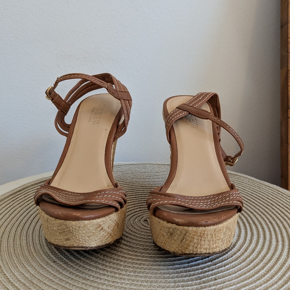 J.CREW Tan Leather Espadrille Wedge Sandals - Picture 2 of 7